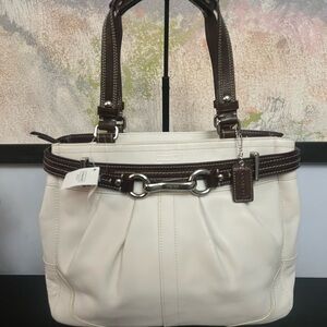 Coach White and Brown Leather Tote Bag
